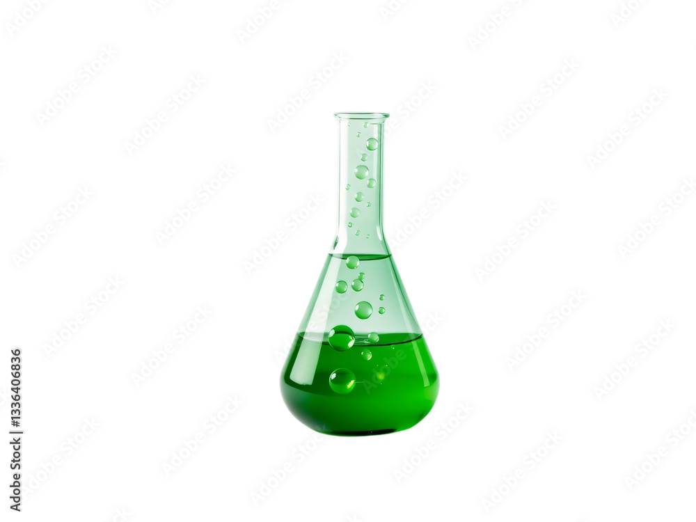 A glass flask with bright green liquid and bubbles, representing chemistry, laboratory experiments, and scientific research, isolated on a transparent background A glass flask with bright green liquid and bubbles, representing chemistry, laboratory experiments, and scientific research, isolated on a transparent background