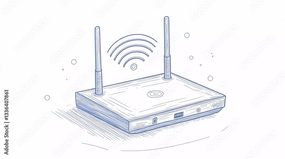 A wireless internet router with antennas broadcasts strong signals, supporting digital communication and smart connectivity in a futuristic comic book illustration style. A wireless internet router with antennas broadcasts strong signals, supporting digital communication and smart connectivity in a futuristic comic book illustration style.
