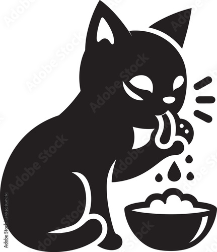 Cat eat food and licking Silhouette in vector format