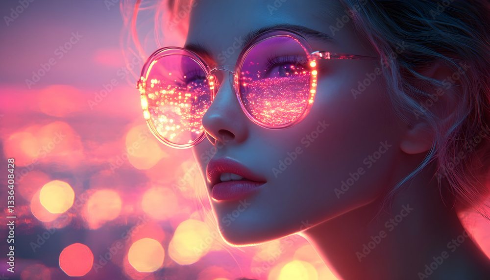 Close-up portrait of a woman with illuminated sunglasses, reflecting a vibrant, blurry cityscape at night Close-up portrait of a woman with illuminated sunglasses, reflecting a vibrant, blurry cityscape at night