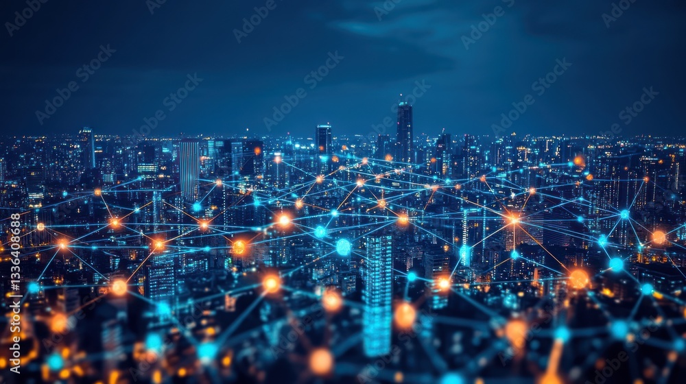 Fototapeta premium Night city skyline connected by digital network. Possible use Stock photo for technology, future, and global communication concepts