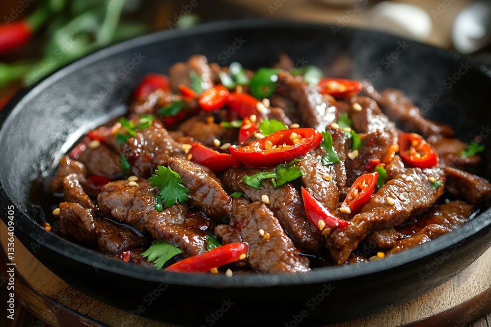 a searing stir fry of beef slivers and red hot peppers slick with oil presented in a black cast pan mist curling with a spark of tang
a searing stir fry of beef slivers and red hot peppers slick with oil presented in a black cast pan mist curling with a spark of tang