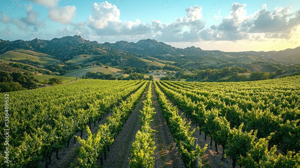 Fototapeta premium Scenic landscape showcases vineyard rows with distant mountain ranges and sky