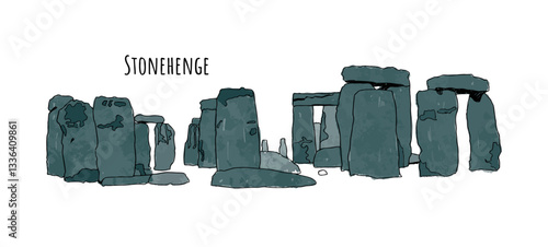 Watercolour sketch of Stonehenge. Vector illustration of British famous landmark isolated on white background.