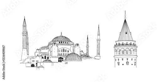 Hand drawn sketch of Istanbul landmarks. Vector illustration of outline Hagia Sophia Grand Mosque and Galata Tower isolated on white background.