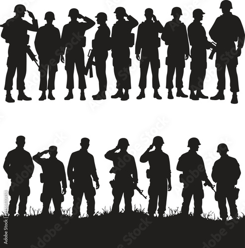 Silhouette of a group of soldiers in uniform vector art illustration isolate on white background