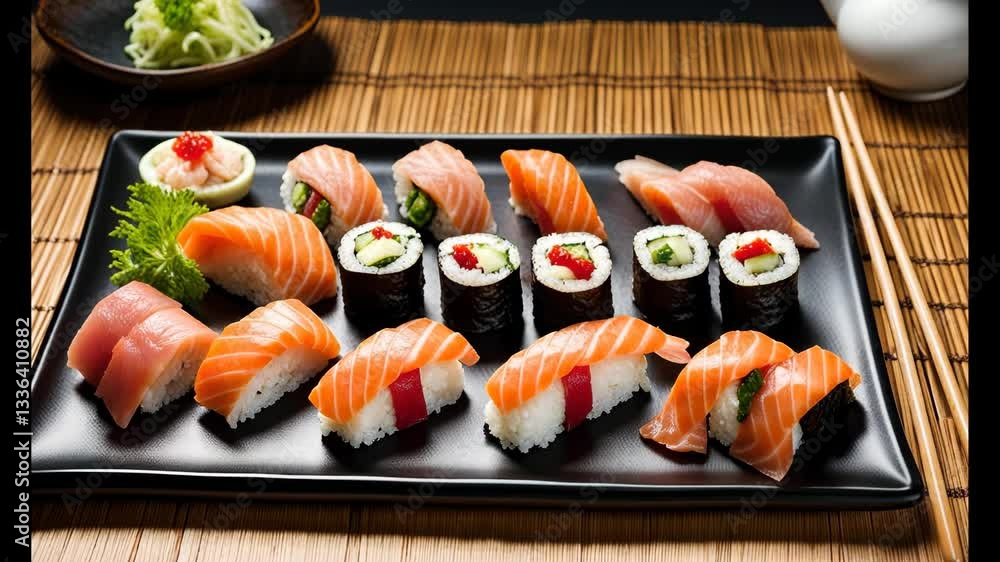 Assorted sushi platter with fresh sashimi and rolls  
