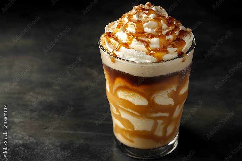 commercial snap of coffee frappe sleek flat glass bold dark bottom whirls in middle layered with cream and caramel topping
commercial snap of coffee frappe sleek flat glass bold dark bottom whirls in middle layered with cream and caramel topping