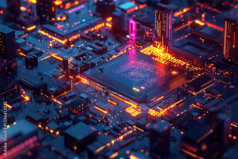Futuristic cityscape with glowing circuitry and vibrant lights Futuristic cityscape with glowing circuitry and vibrant lights