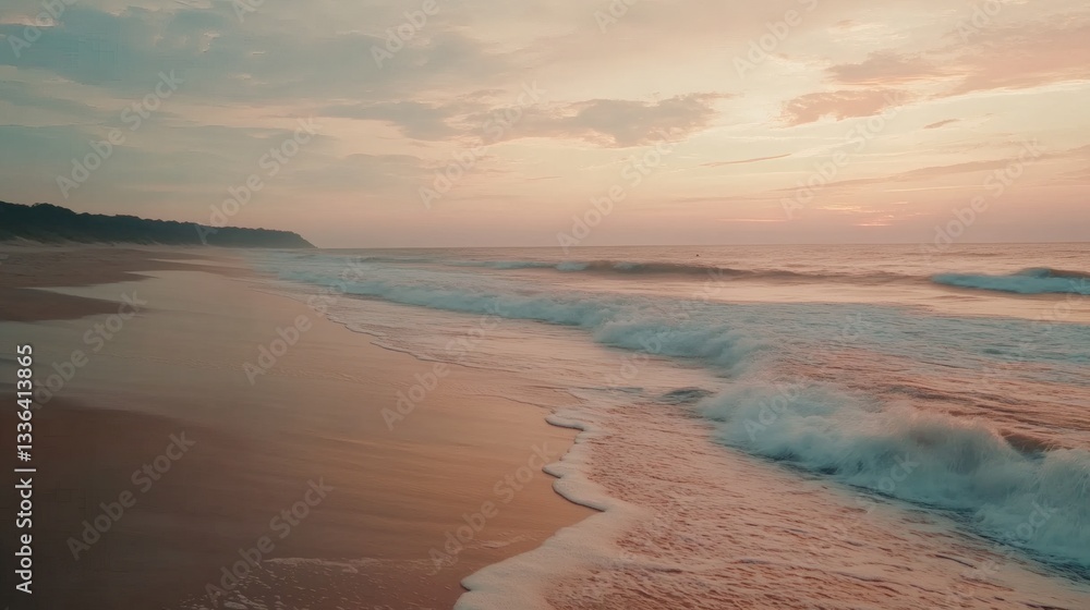 Obraz premium A slow-motion capture of ocean waves rolling onto a sandy shore, with soft pastel hues in the sky, representing the calming rhythm of nature's tides