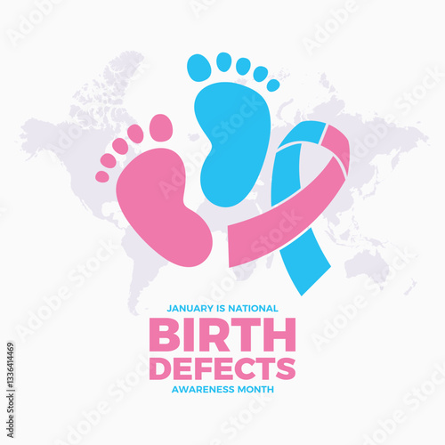 January is National Birth Defects Awareness Month poster vector illustration. Pink blue awareness ribbon and baby foot print icon set vector. Template for background, banner, card. Important day