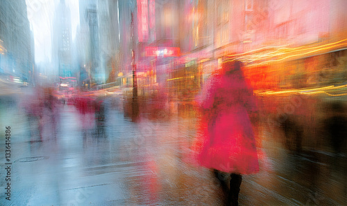 A blurred figure in a vibrant pink coat walks through a bustling city street on a rainy evening