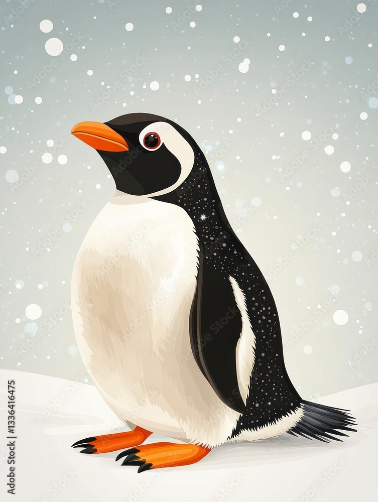 Fototapeta premium Gentoo Penguin Standing in Snowy Weather Illustration for Winter Season