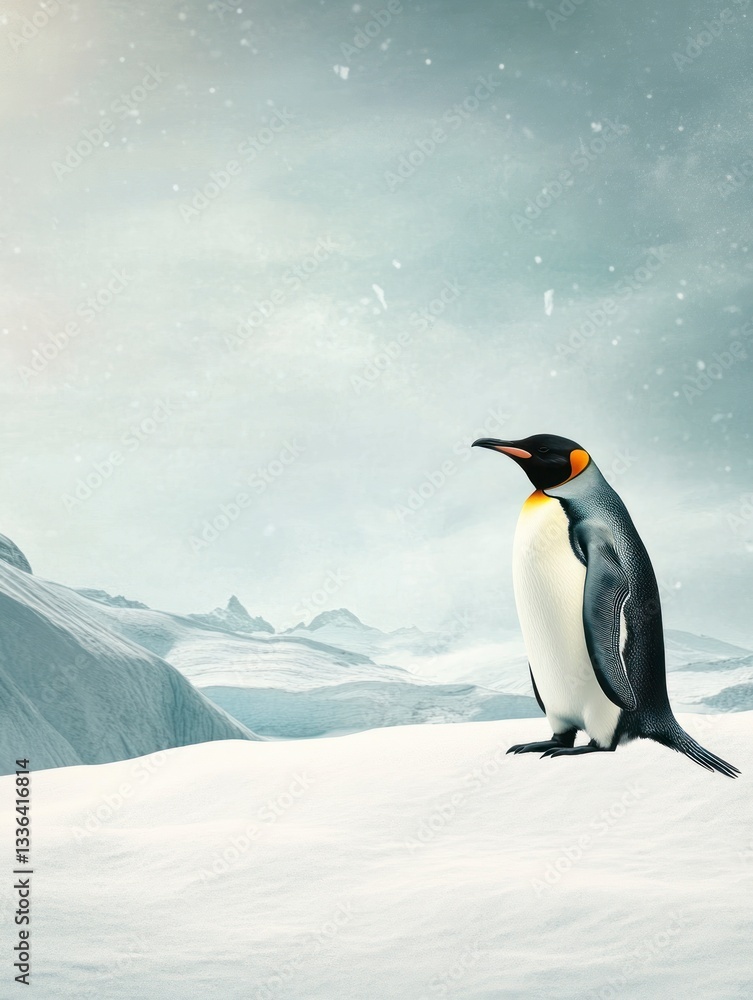 Fototapeta premium Penguin Standing on Snowy Hill in Antarctic Landscape During Winter
