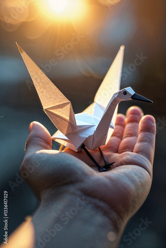 Origami crane on open palm in warm sunlight