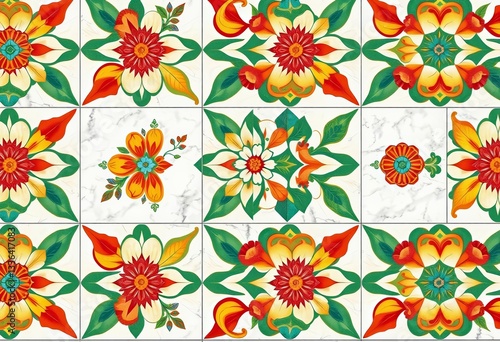 Wallpaper Mural Vibrant geometric floral tile pattern on marble, design element, wedding Torontodigital.ca