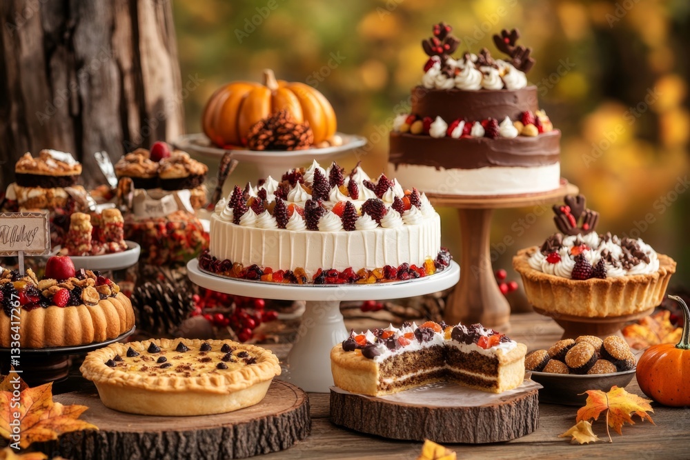 A Thanksgiving dessert table with pies, cookies, and a pumpkin cake, all decorated with fall-themed toppers A Thanksgiving dessert table with pies, cookies, and a pumpkin cake, all decorated with fall-themed toppers