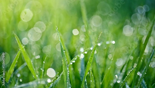 Close-up of dew on vibrant green summer grass