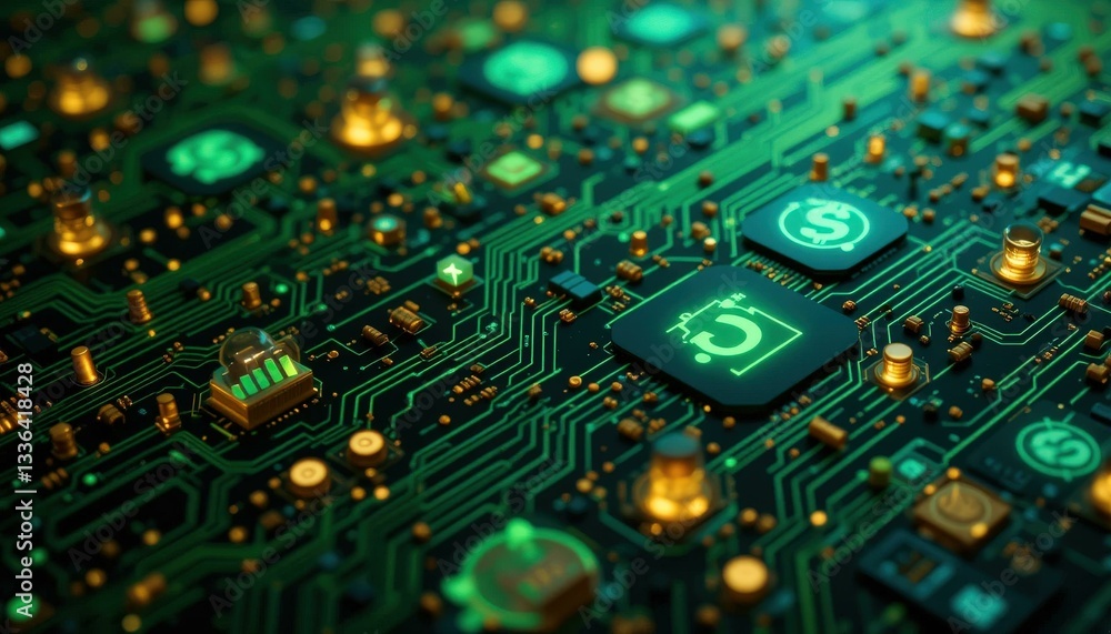 Obraz premium Futuristic Digital Circuit Board Illustration Glowing Microchips Icons Dark Background - Fintech Digital Transformation Concept Financial Technology Marketing Materials