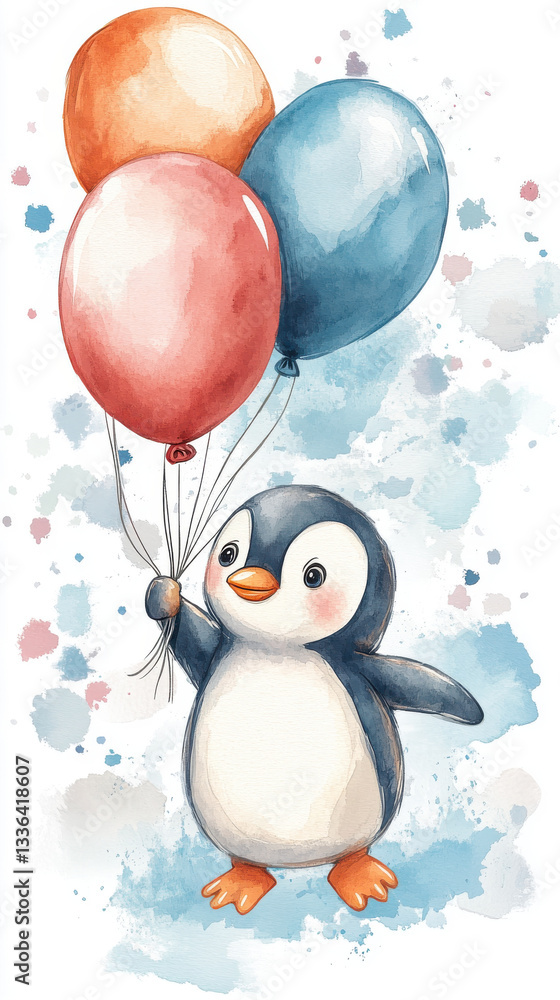Naklejka premium Cute penguin holding colorful balloons in whimsical watercolor style, surrounded by soft splashes of color, evoking joyful and playful atmosphere
