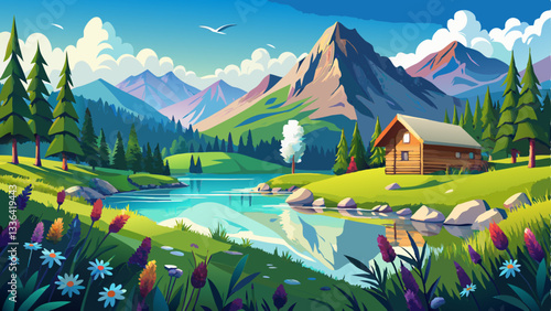 vector of peaceful alpine meadow dotted with wildflowers, a crystal-clear lake reflecting snow-capped peaks, and a wooden cabin nestled among the trees.