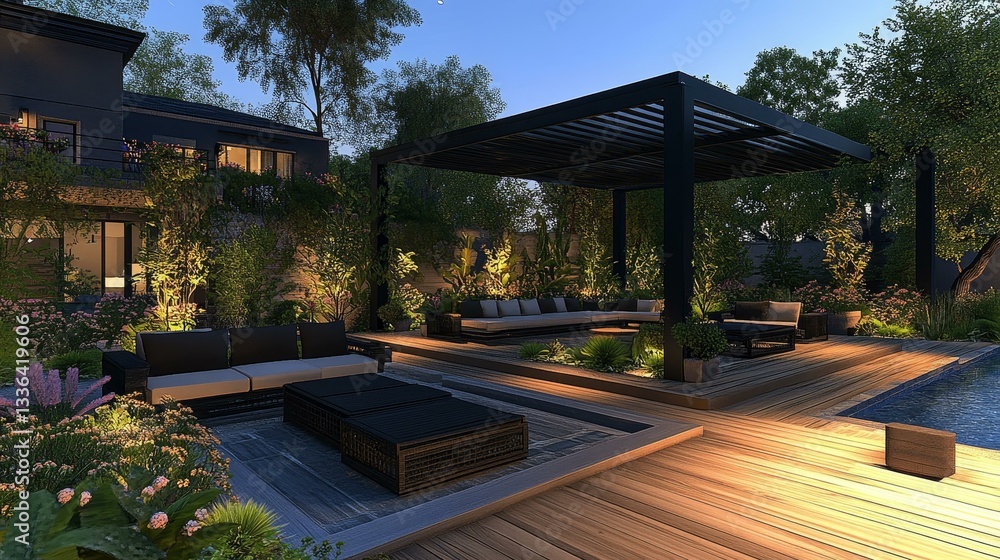 Obraz premium Modern Outdoor Backyard Design with Pergola and Swimming Pool