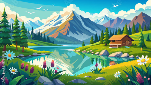 vector of peaceful alpine meadow dotted with wildflowers, a crystal-clear lake reflecting snow-capped peaks, and a wooden cabin nestled among the trees.