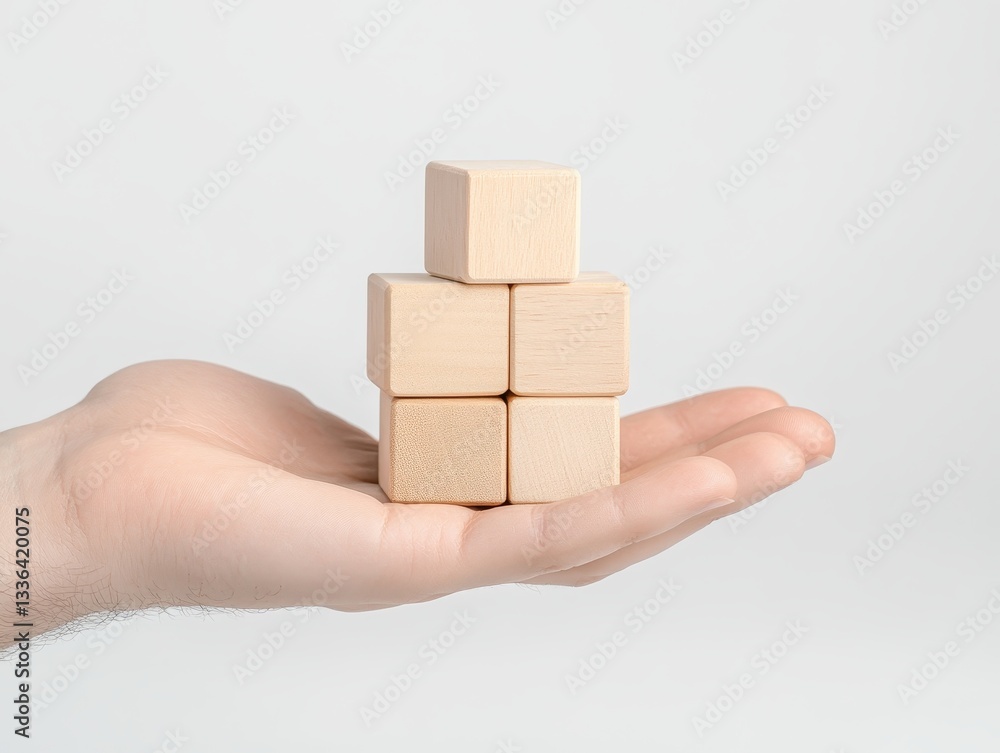 A hand holding a stack of wooden blocks against a plain background A hand holding a stack of wooden blocks against a plain background