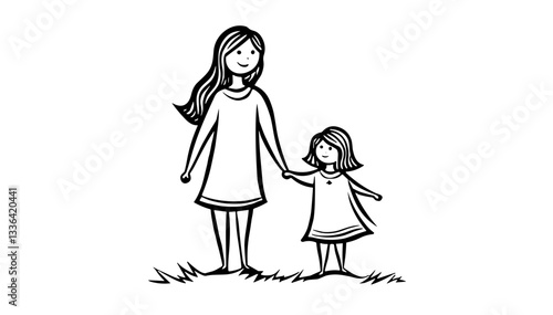 Mother and daughter holding hands in a grassy field