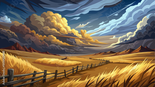 vector of desolate, windswept prairie under a stormy sky, with rolling golden grass and a lone wooden fence stretching into the distance.
