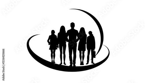 Dotwork Tattoo. Silhouette of five people standing together on white background