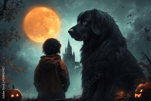 Wallpaper Mural A dramatic illustration of a child and their black dog standing at the entrance of an ominous castle, the moonlight casting long shadows on the ground Torontodigital.ca