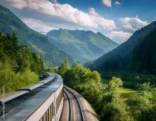 Train winds through green mountain valley, scenic railway track, lush trees, clear blue sky, beautiful summer nature vista