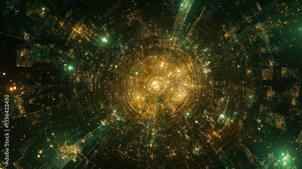 An abstract circular design featuring multiple intricate concentric patterns