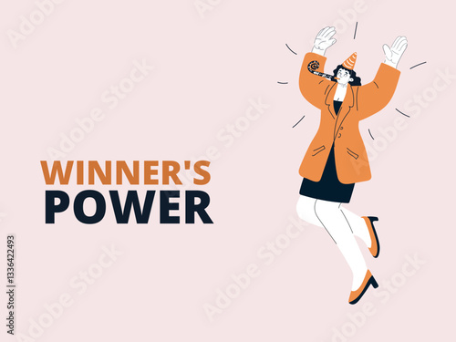 Cartoon vector illustration of a joyful woman celebrating, wearing a party hat and blowing a party horn in sheer excitement.