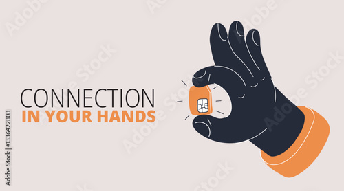 Cartoon vector illustration of a hand inserting a SIM card into a smartphone, unlocking a wave of digital connectivity and harmonizing the modern world of communication against a dark, mysterious back