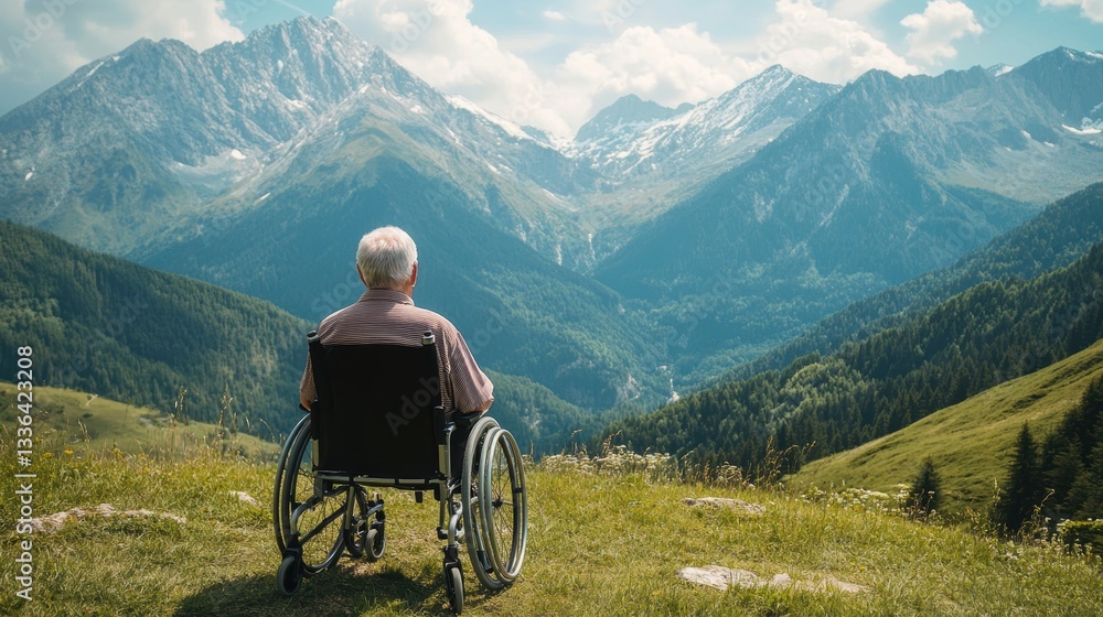 Elderly man in a wheelchair admiring the view of the mountains. Disabled person with limited abilities. View from the back. Elderly man in a wheelchair admiring the view of the mountains. Disabled person with limited abilities. View from the back.