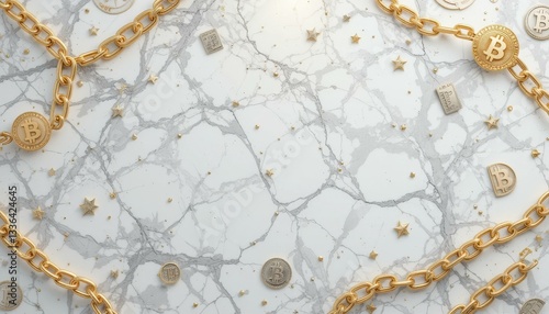 Wallpaper Mural Modern Minimalist Flat Lay Gold Chains, Bitcoin Coins, Gold Bars Elegant Marble Background - Cryptocurrency Investment Wealth Management Concept Marketing Materials Torontodigital.ca