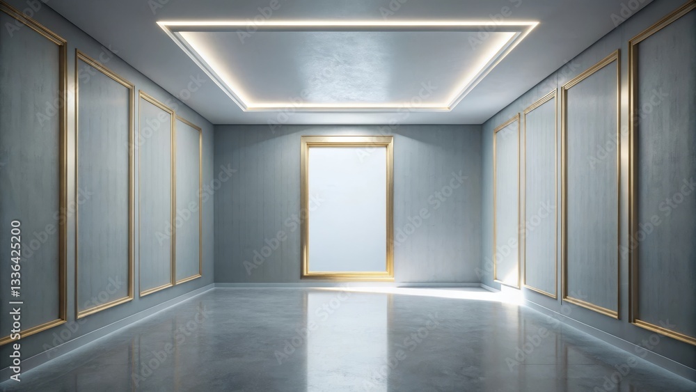 Fototapeta premium Elegant Empty Room with Gilded Wall Panels and Polished Concrete Floor, Ideal for Displaying Artwork or Design Concepts