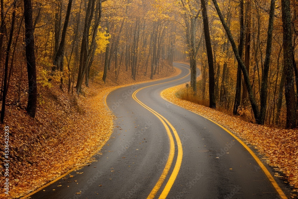 Winding road through a vibrant autumn forest. A picturesque drive through a misty, golden forest, showcasing a winding asphalt road lined with vibrant fall foliage. Winding road through a vibrant autumn forest. A picturesque drive through a misty, golden forest, showcasing a winding asphalt road lined with vibrant fall foliage.