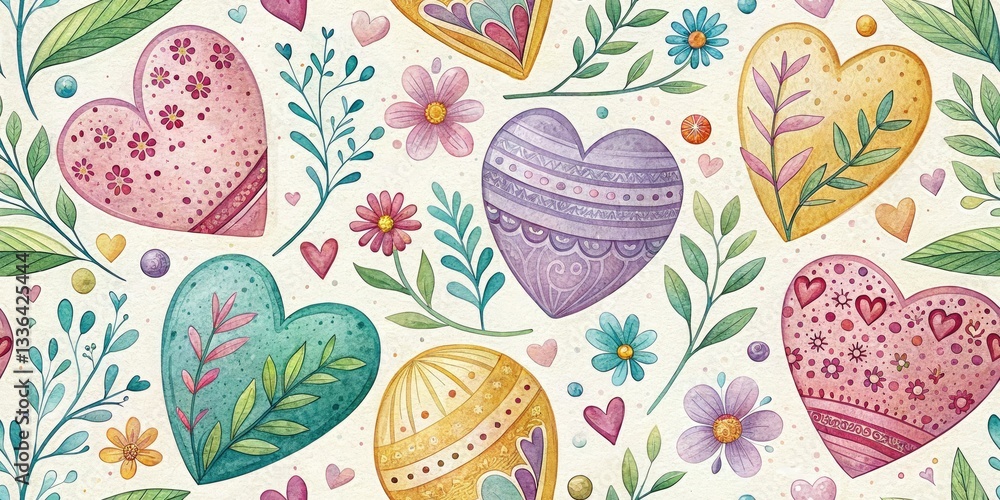 Drone Photography Watercolor Easter Heart Pattern Background - Spring Holiday Illustration Drone Photography Watercolor Easter Heart Pattern Background - Spring Holiday Illustration