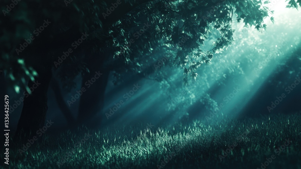 Fototapeta premium Sunlight Streams Through Forest Canopy Onto Grassy Forest Floor