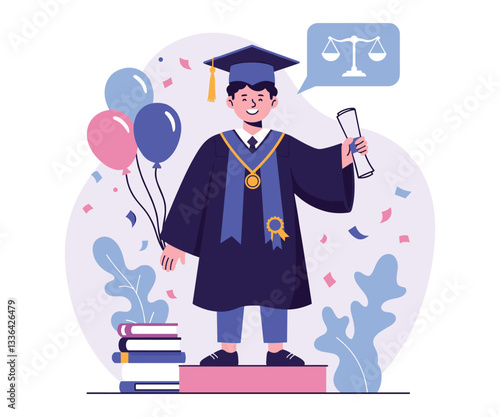"Minimalist Vector Illustration of a Celebrating Law Graduate with Scales of Justice"