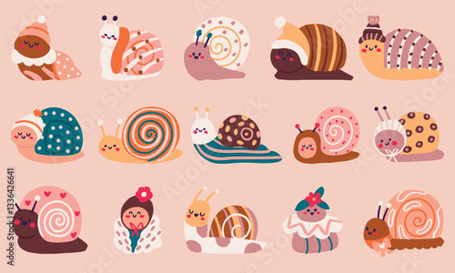 Set of funny and cute snails in cartoon style.Vector illustration of colored snails with different shapes and emotions, shells decorated with patterns,a pair of antennae,small eyes, neutral colors.