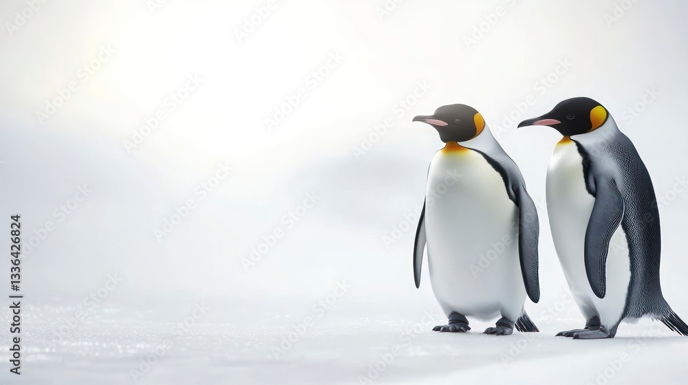 Fototapeta premium Two Emperor Penguins Standing Together on Snowy Antarctic Landscape