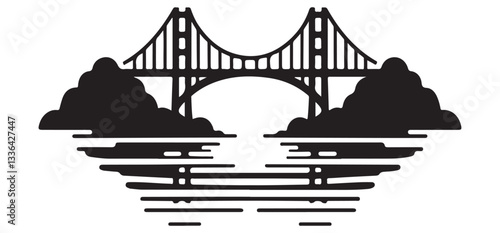 Golden Gate Bridge Black Silhouette Over Water Illustration Vector Art