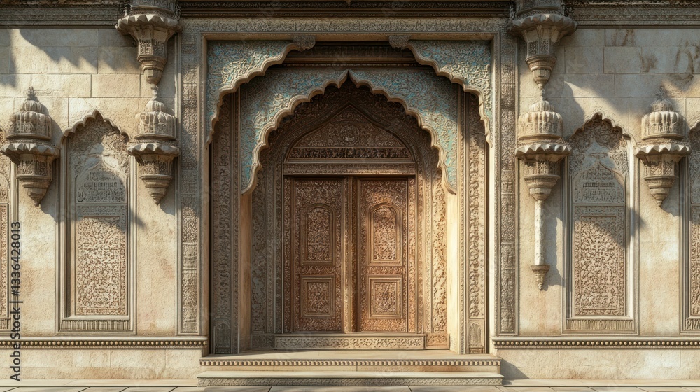 Fototapeta premium Detailed carved wooden door within ornate stone wall architecture