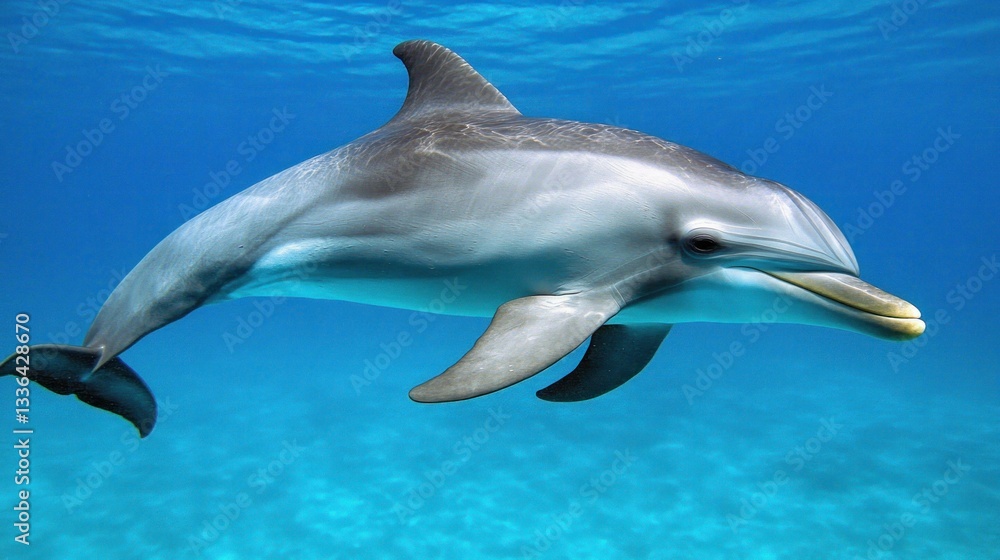 A beautiful dolphin swims peacefully through clear blue ocean water A beautiful dolphin swims peacefully through clear blue ocean water