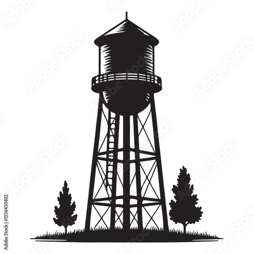 Rustic Water Tower Silhouette Illustration Vector Art Landscape