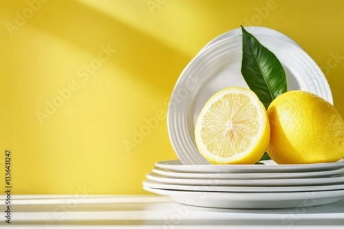 A single lemon resting on a stack of clean white plates, with its shadow creating an artistic visual effect